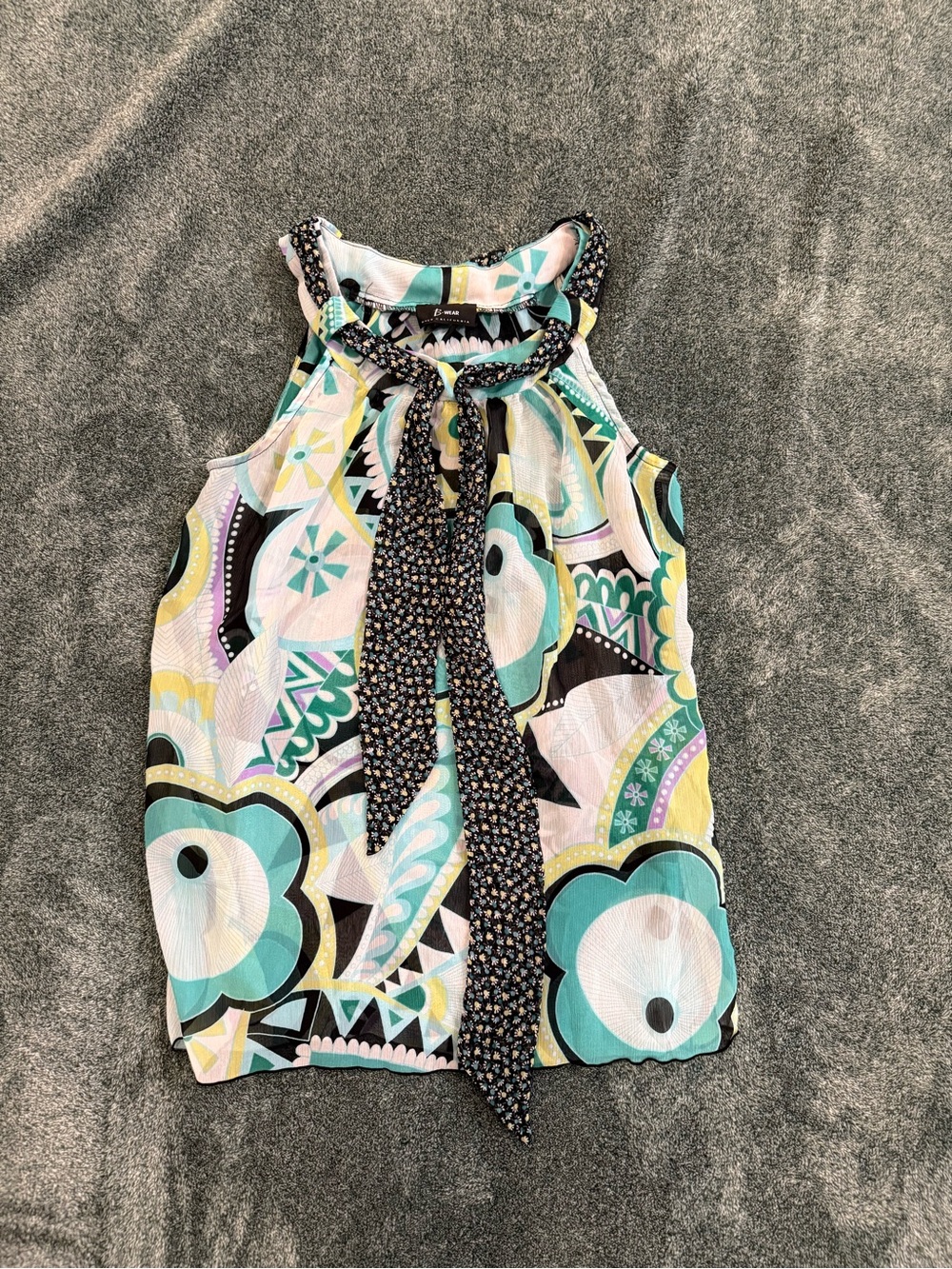 Byer California Floral Geometric Tie-Neck Tank in Teal, Black, Yellow, White